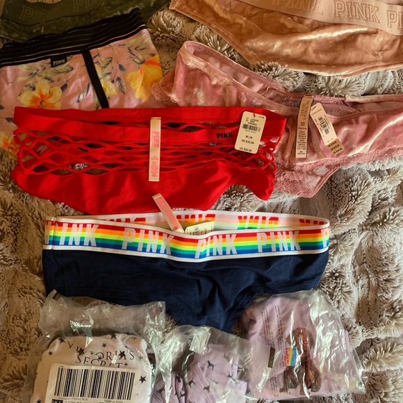 5 NWT Vs pink pantie bundle 🌺🍄🐊🎃 pride velvet lace fish net fishnet - Picture 2 of 8